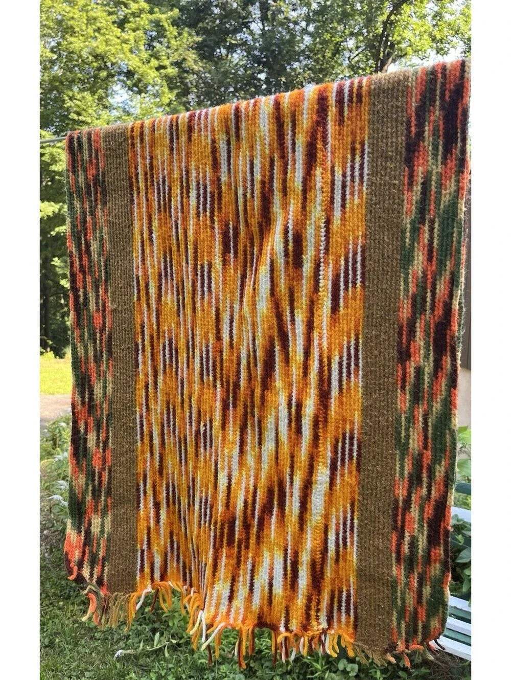 Vintage 23x56” MCM Orange Brown 70s Afghan Throw Blanket Fringe Marled Boho